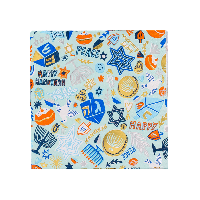 Blue festival of lights Hanukkah paper luncheon napkin with gold foil