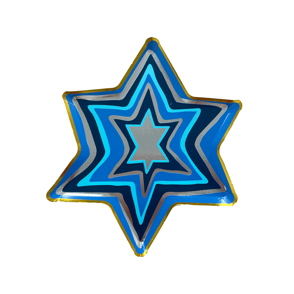 Blue Star of David shaped Hanukkah paper plate with gold and silver foil
