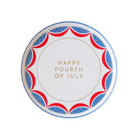 Close-up of Happy 4th of July Plates featuring bold red, white, and blue lettering.