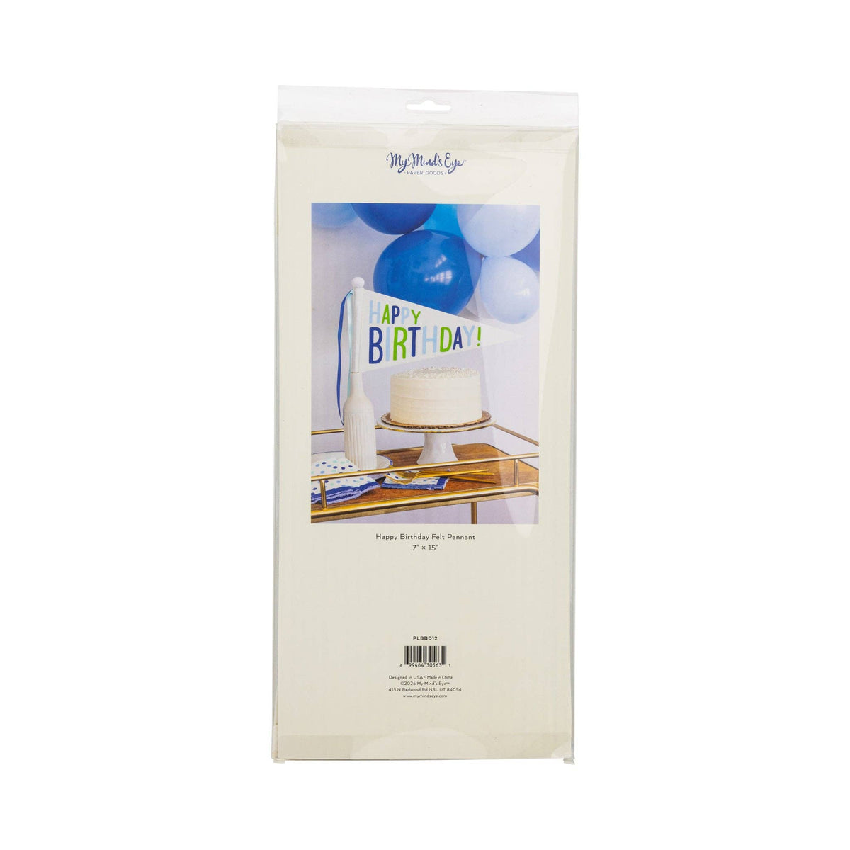 Happy Birthday felt pennant back of retail packaging showing product details and styled party photo