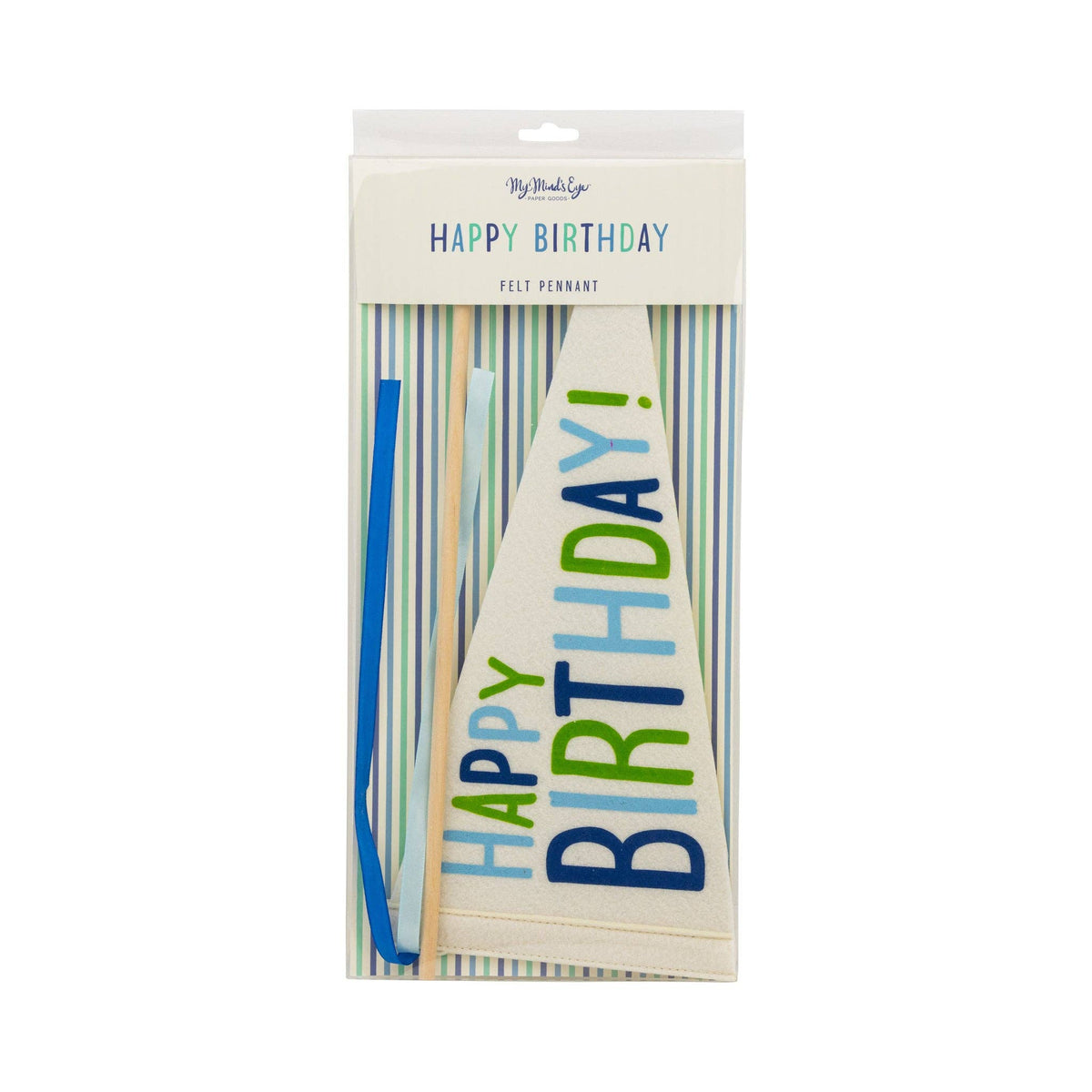 Happy Birthday felt pennant in retail packaging with blue and green striped background