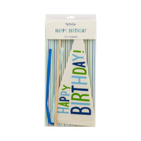 Happy Birthday felt pennant in retail packaging with blue and green striped background
