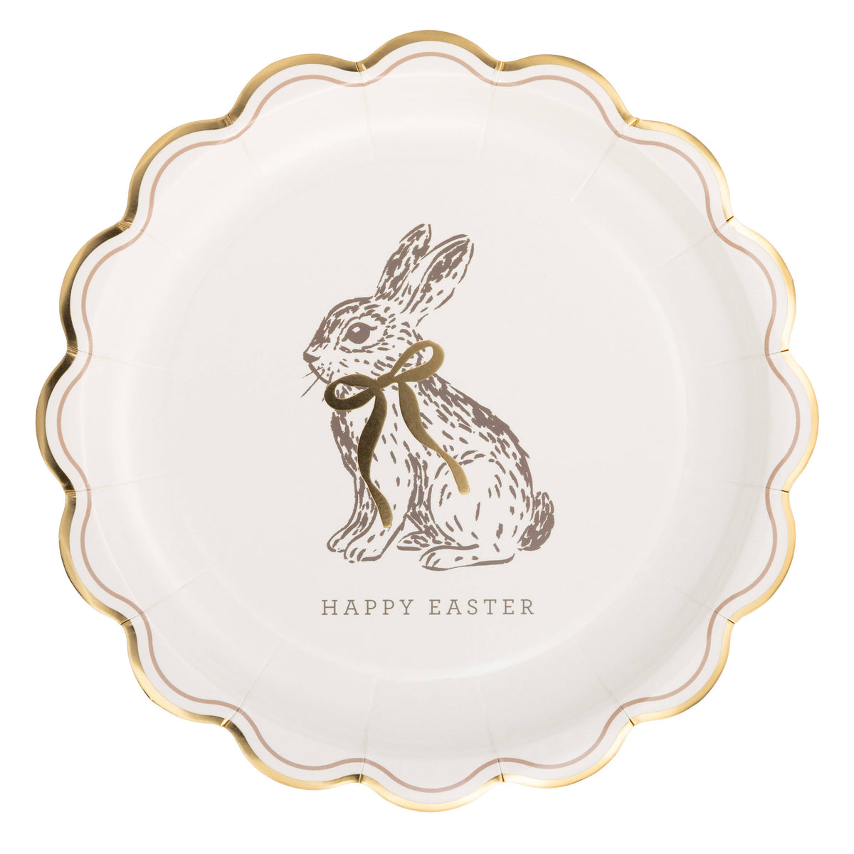 Round Happy Easter paper bunny plate with scalloped gold edge on white background