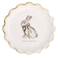 Round Happy Easter paper bunny plate with scalloped gold edge on white background