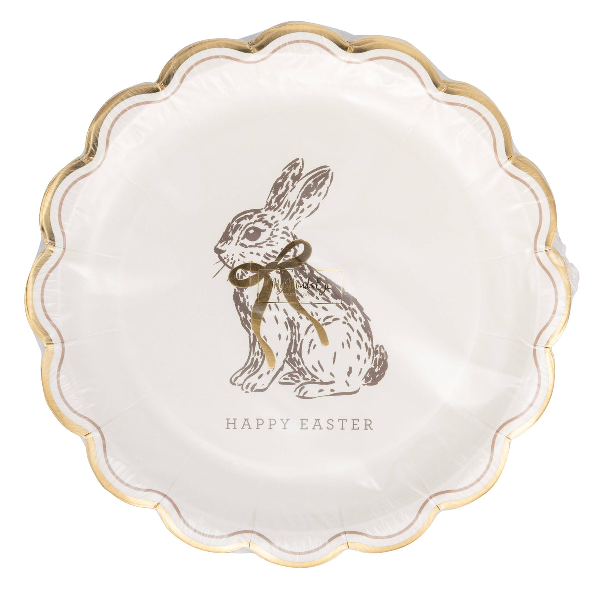 Packaged set of Happy Easter bunny plates showing gold scalloped edges