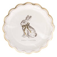 Packaged set of Happy Easter bunny plates showing gold scalloped edges