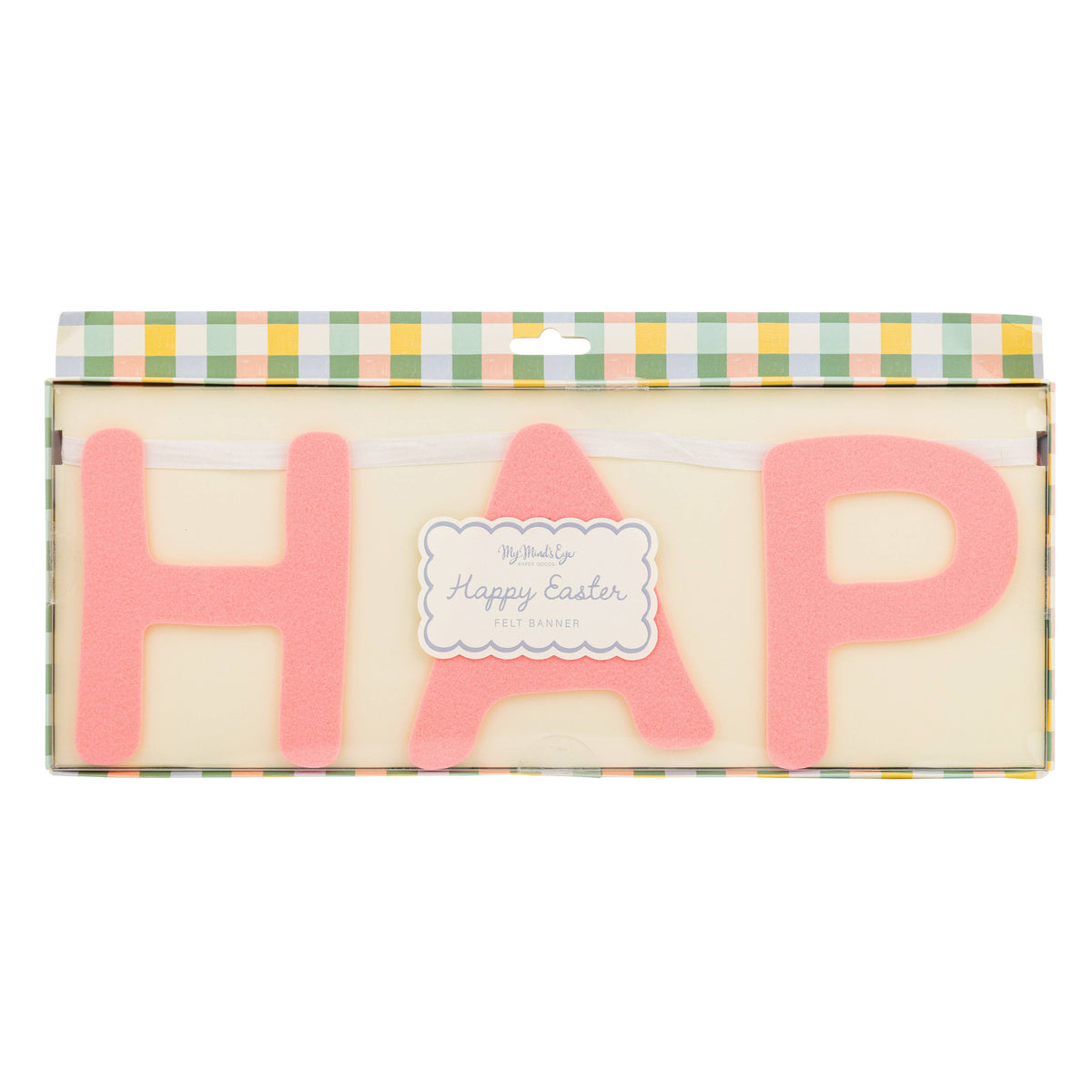 Packaged Happy Easter felt banner showing pink felt letters in box
