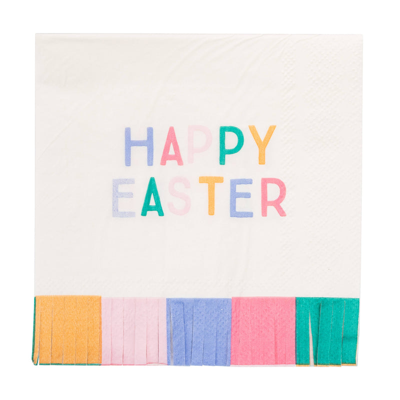 Happy Easter cocktail napkin with colorful text and pastel fringe detail