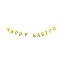 Gold glitter Happy Easter banner displayed on a white background