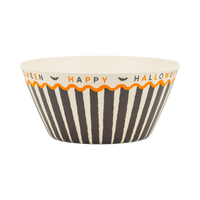 Happy Halloween bamboo serving bowl with black and cream sketchy stripes and bats.
