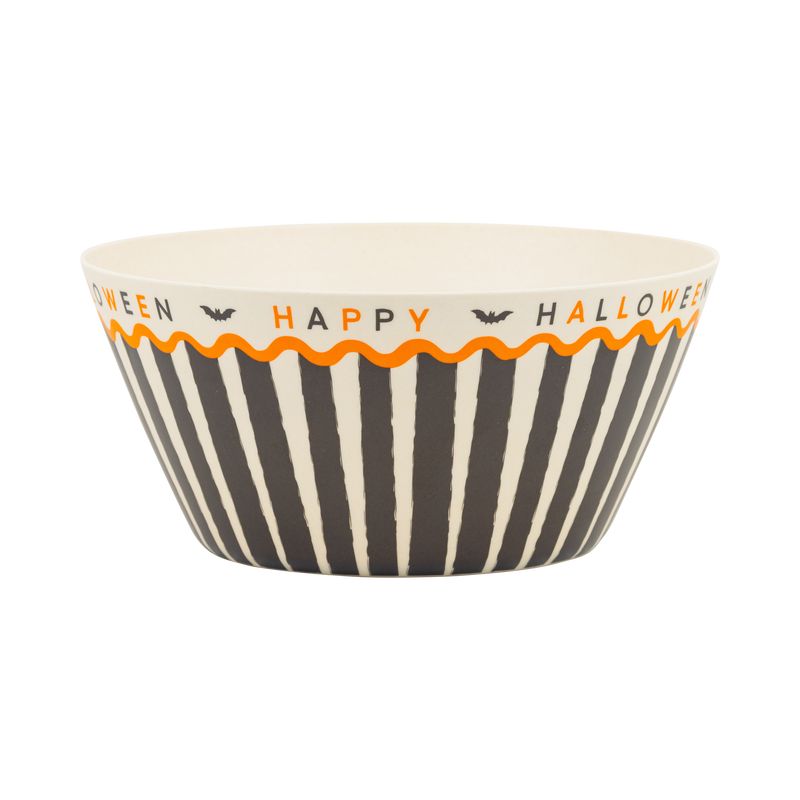 Happy Halloween bamboo serving bowl with black and cream sketchy stripes and bats.