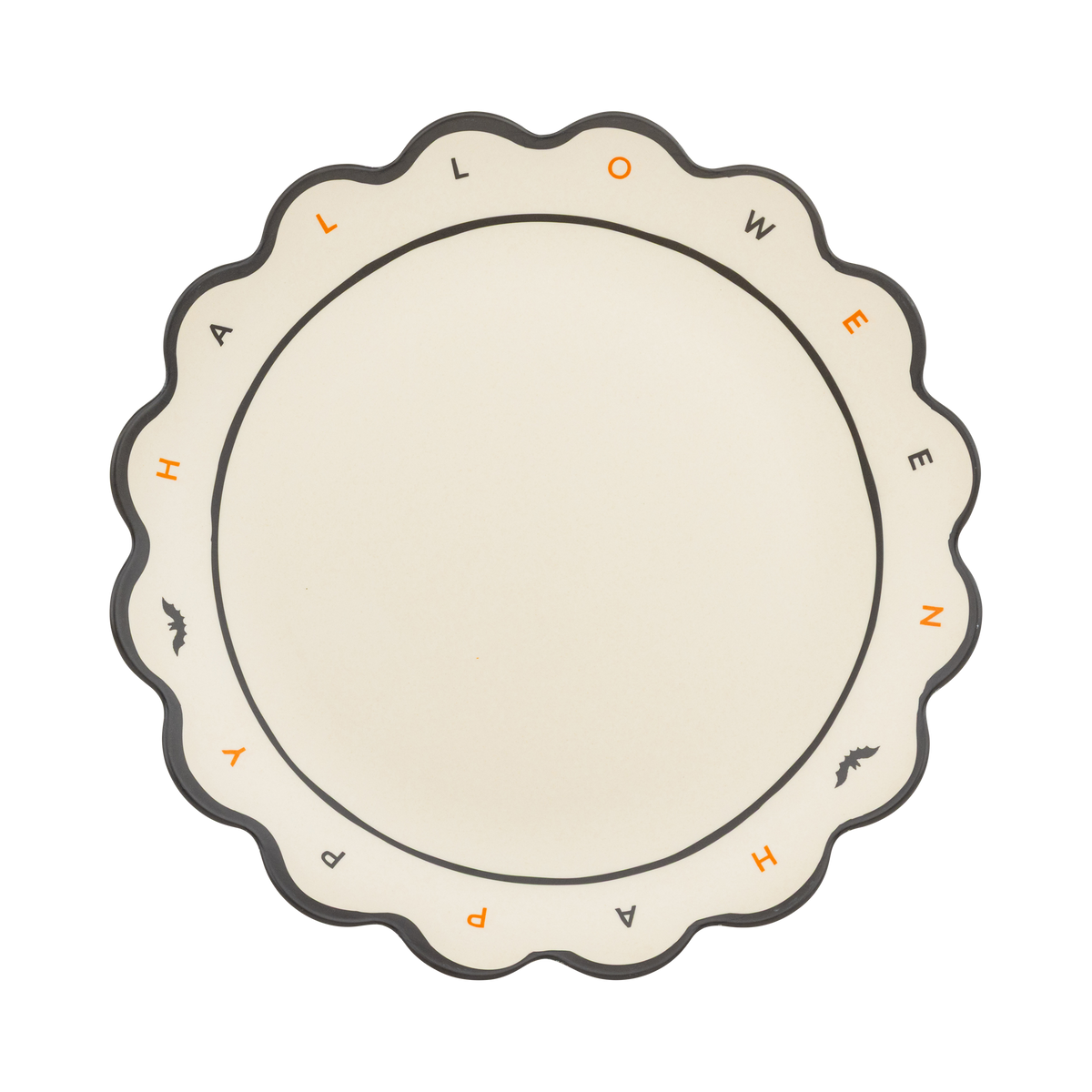 Happy Halloween bamboo serving tray, 15" round with scalloped edges and "HAPPY HALLOWEEN" in black and orange on cream, overhead view on white background.