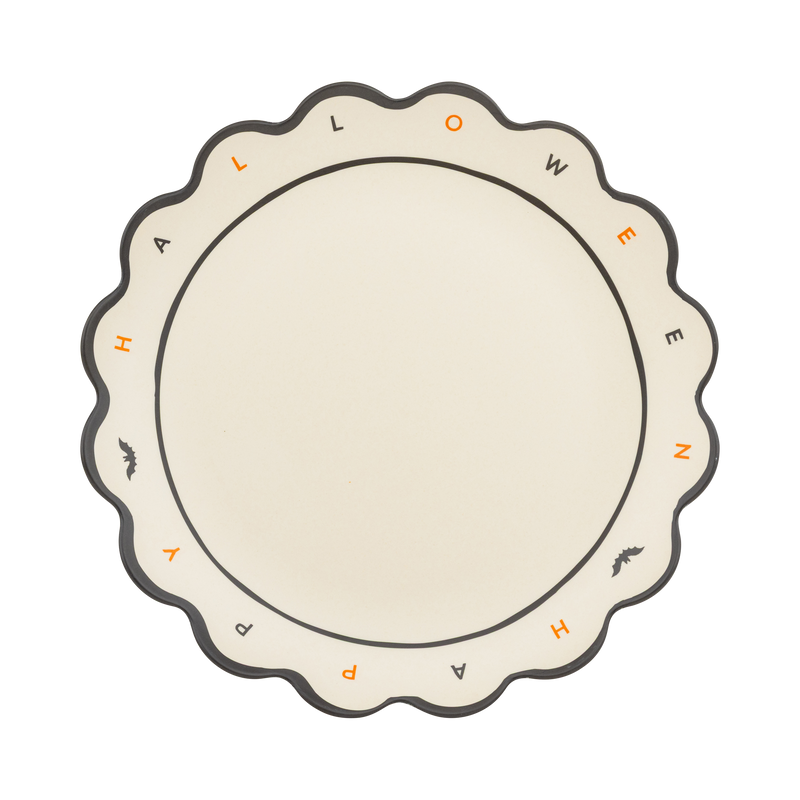 Happy Halloween bamboo serving tray, 15" round with scalloped edges and "HAPPY HALLOWEEN" in black and orange on cream, overhead view on white background.