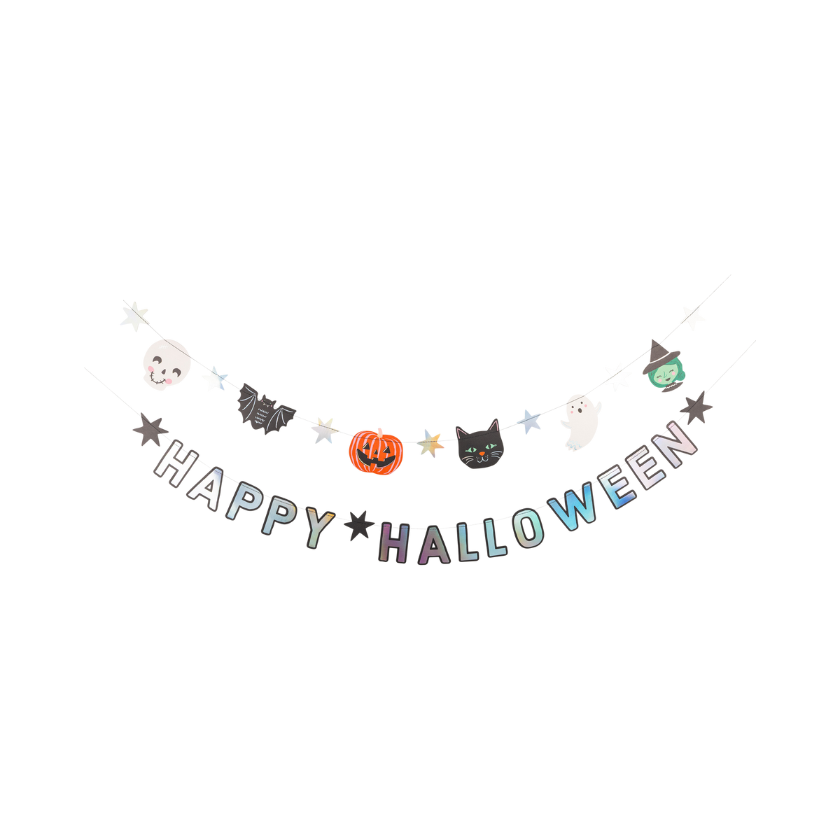 Halloween-themed decorative banner with cartoon characters and 'Happy Halloween' text on a white background.