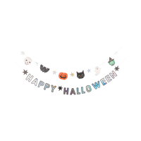 Halloween-themed decorative banner with cartoon characters and 'Happy Halloween' text on a white background.