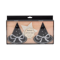 Retail box showing two black felt witch hats and a cream star, labeled “Witch Hat felt puffy banner.”
