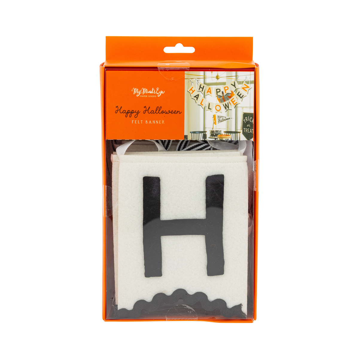 Front of the Happy Halloween felt banner package showing the layered felt letter "H" through a clear window with the My Mind's Eye label.