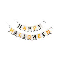 Happy Halloween felt banner laid flat on white, showing HAPPY and HALLOWEEN in black and orange letters on cream felt with scalloped edges and striped bow ends.
