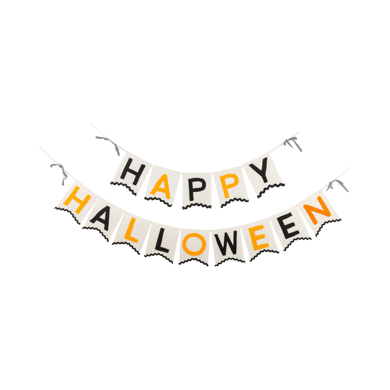 Happy Halloween felt banner laid flat on white, showing HAPPY and HALLOWEEN in black and orange letters on cream felt with scalloped edges and striped bow ends.