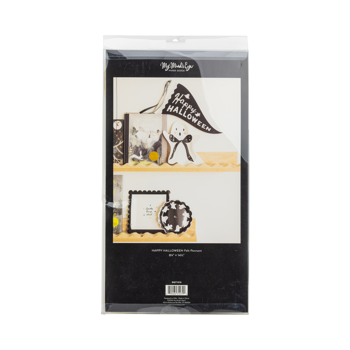 Packaged Halloween-themed of Happy Halloween felt pennant with decorative elements on a white background.