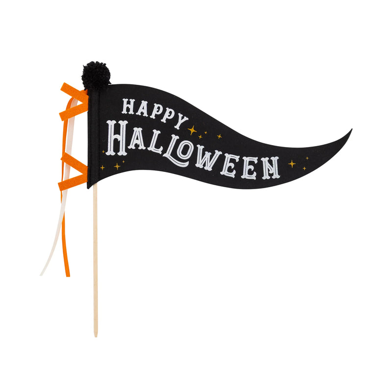 Isolated product: black Happy Halloween felt pennant with pom pom and ribbons on a 14-inch wooden dowel.
