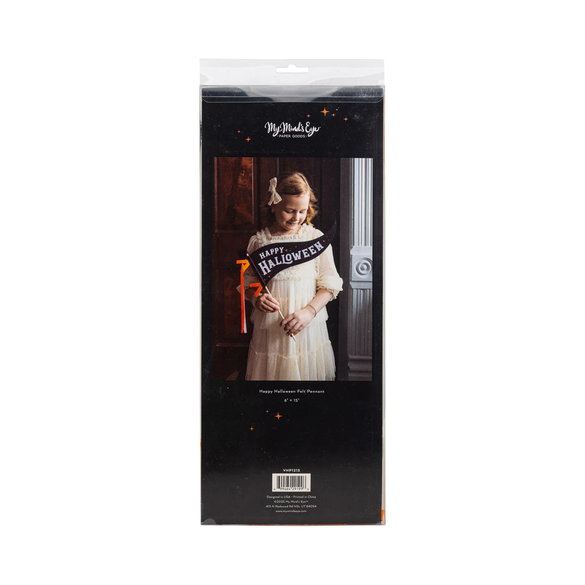 Retail packaging back showing child with black Happy Halloween felt pennant on wooden dowel; photo prop and party decor.