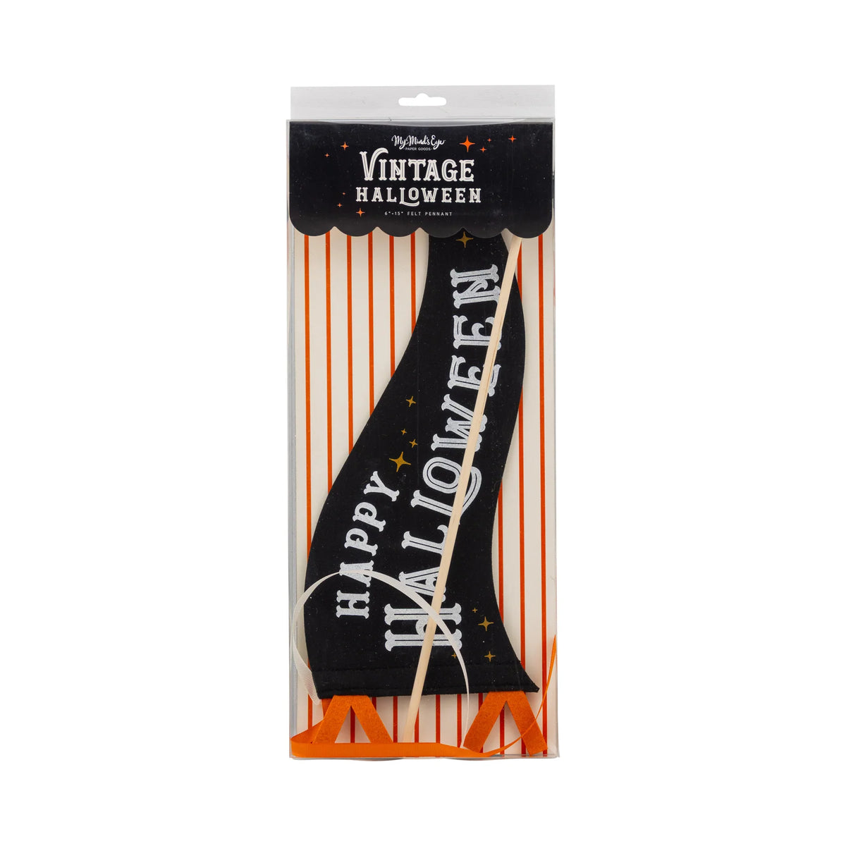 Front retail package of black Halloween felt pennant with white “Happy Halloween,” pom pom, and ribbons.