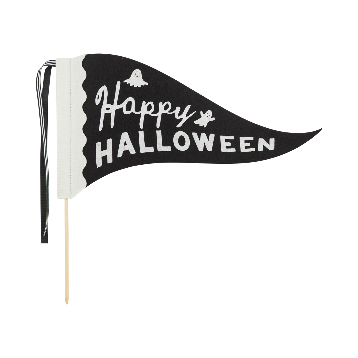 Full Happy Halloween felt pennant flag laid flat with its 14" wood dowel and black ribbon visible.