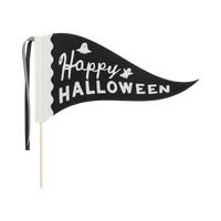 Full Happy Halloween felt pennant flag laid flat with its 14" wood dowel and black ribbon visible.