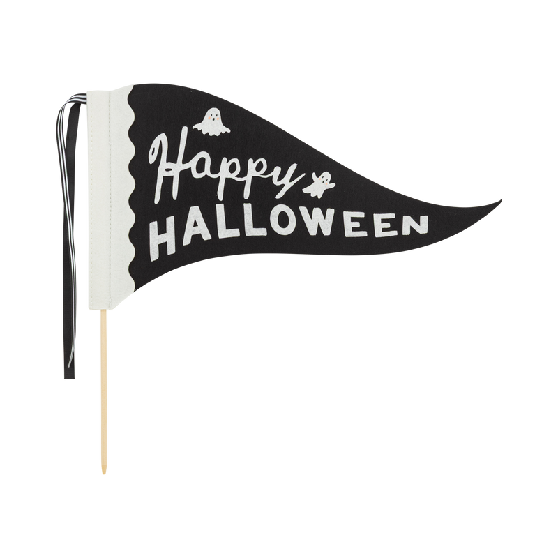 Full Happy Halloween felt pennant flag laid flat with its 14" wood dowel and black ribbon visible.