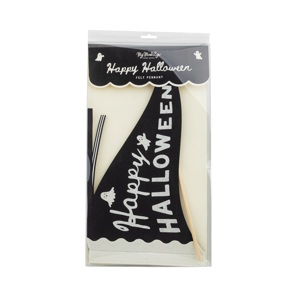 Close view of the front packaging of HAPPY HALLOWEEN with black and white ink lettering on black felt.
