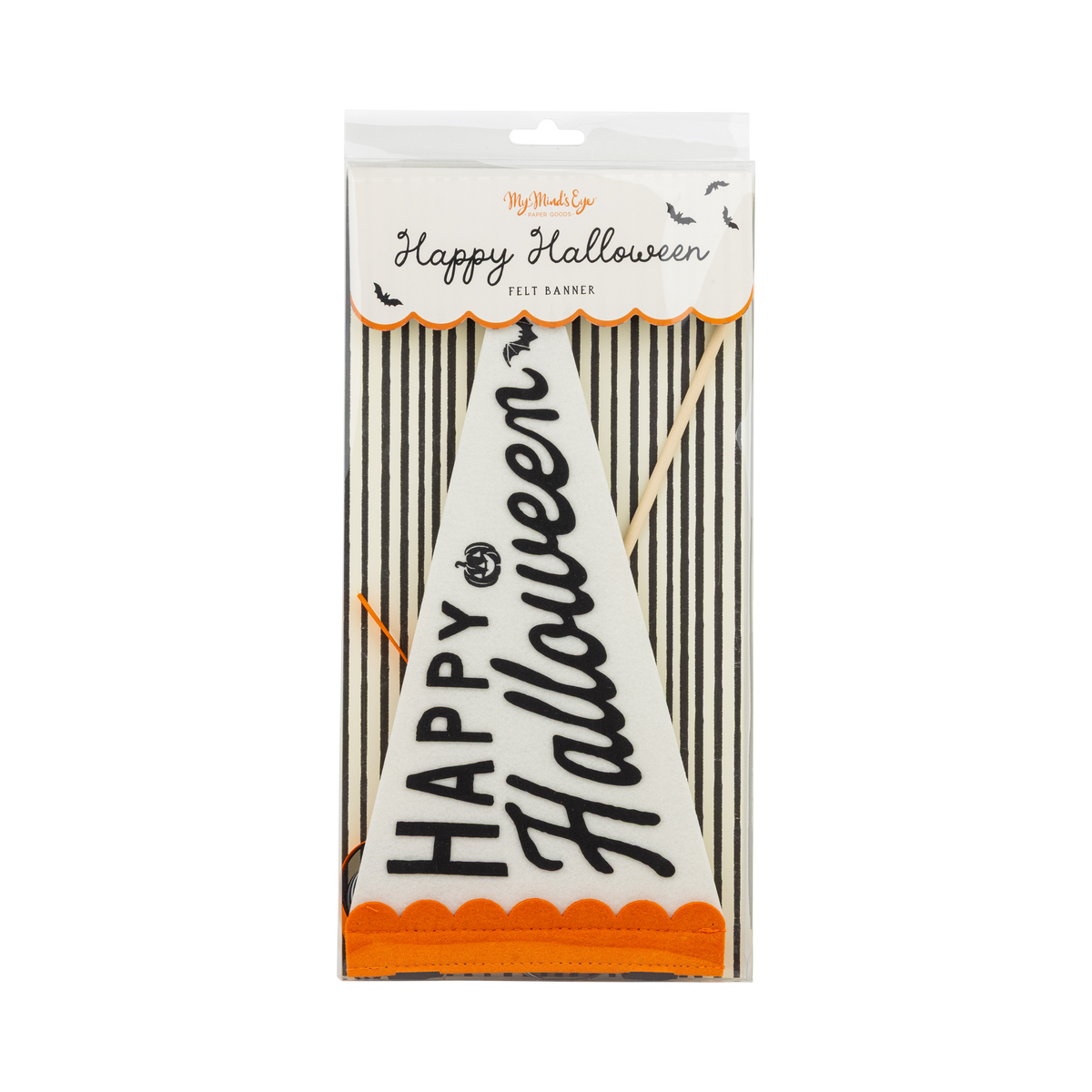 Front of the Happy Halloween felt pennant package showing the cream felt pennant, orange scalloped trim, and wood dowel through a clear window.