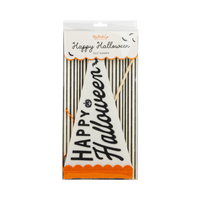 Front of the Happy Halloween felt pennant package showing the cream felt pennant, orange scalloped trim, and wood dowel through a clear window.