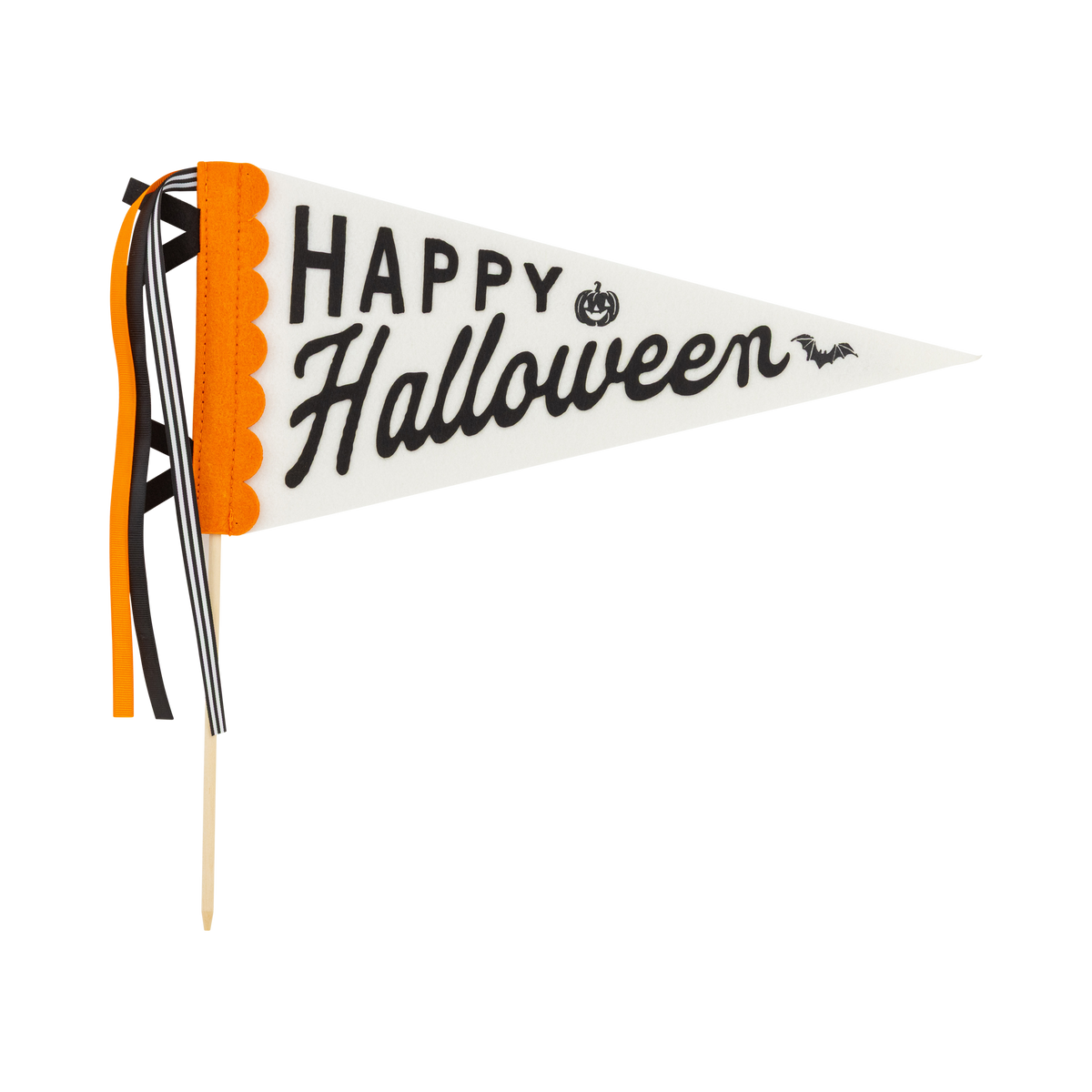 Happy Halloween felt pennant on a 14-inch wood dowel against white, showing black script lettering, pumpkin and bat icons, orange scalloped trim, and three trailing ribbons.