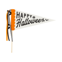 Happy Halloween felt pennant on a 14-inch wood dowel against white, showing black script lettering, pumpkin and bat icons, orange scalloped trim, and three trailing ribbons.
