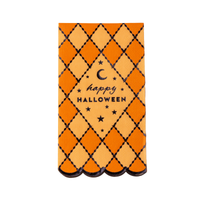 Orange harlequin Halloween guest towel with Happy Halloween in black script, a crescent moon and a black scalloped edge