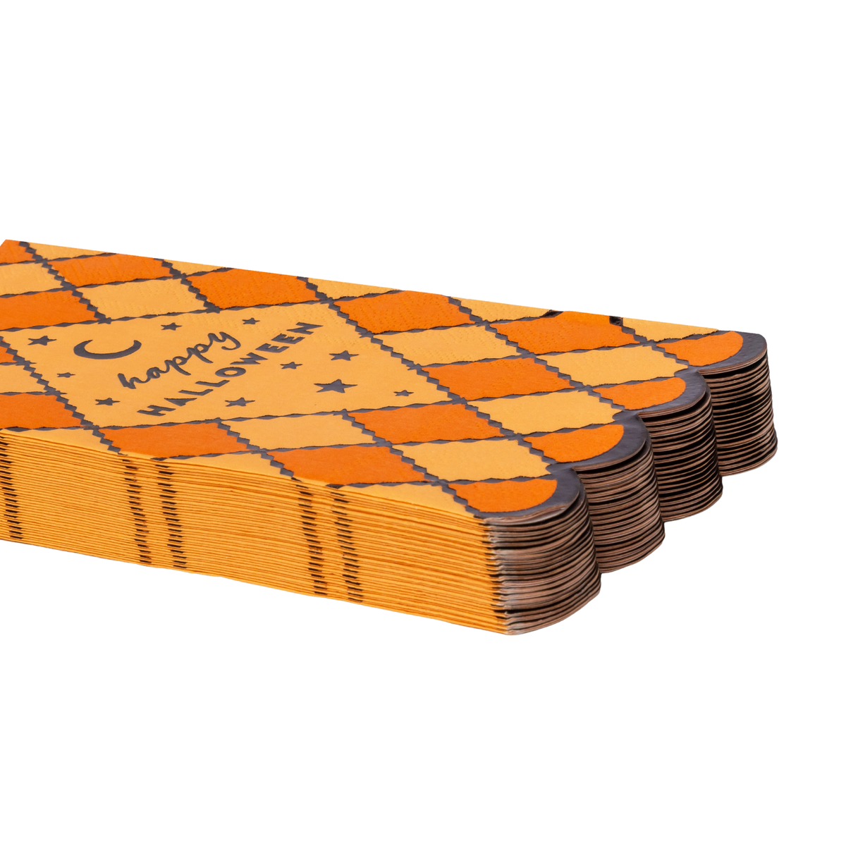 Stack of orange harlequin Happy Halloween guest towels showing the black scalloped edge and 20 count