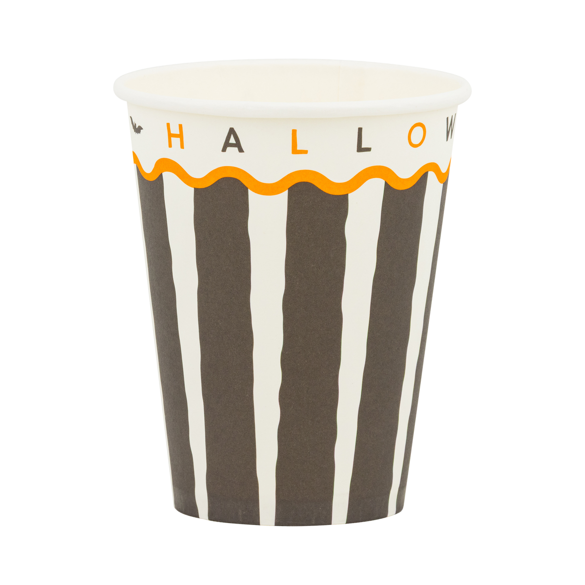 Black and cream striped paper cup with "HAPPY HALLOWEEN" text in orange and black, front view.