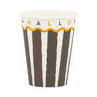 Black and cream striped paper cup with "HAPPY HALLOWEEN" text in orange and black, front view.