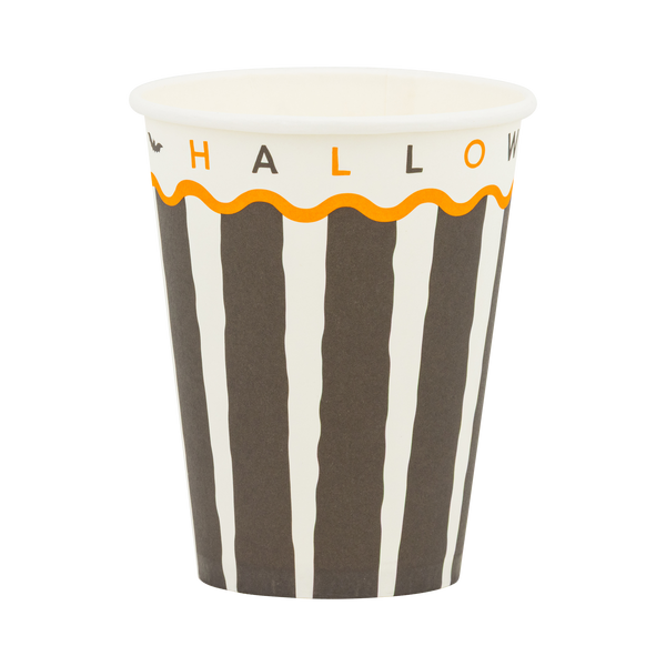 Black and cream striped paper cup with "HAPPY HALLOWEEN" text in orange and black, front view.