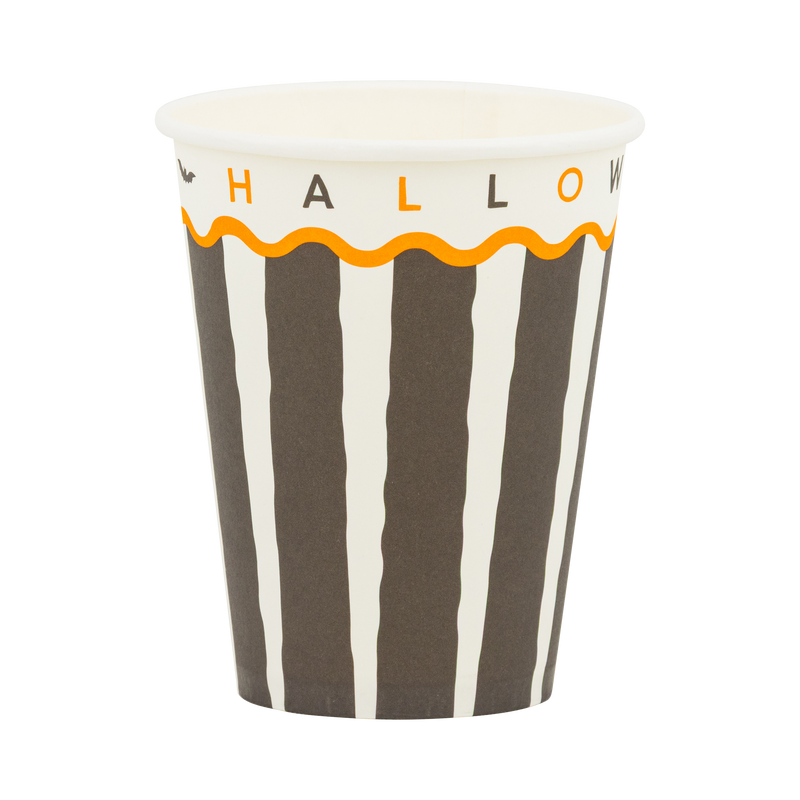 Black and cream striped paper cup with "HAPPY HALLOWEEN" text in orange and black, front view.