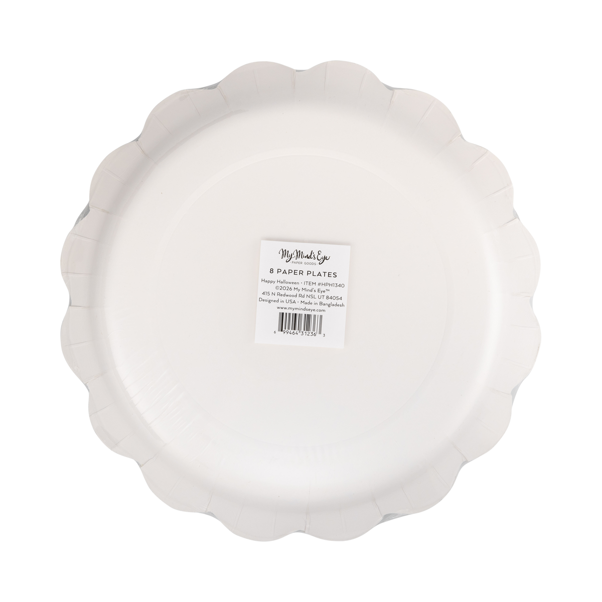 Back of the paper plate showing the plain cream scalloped shape and packaging label.