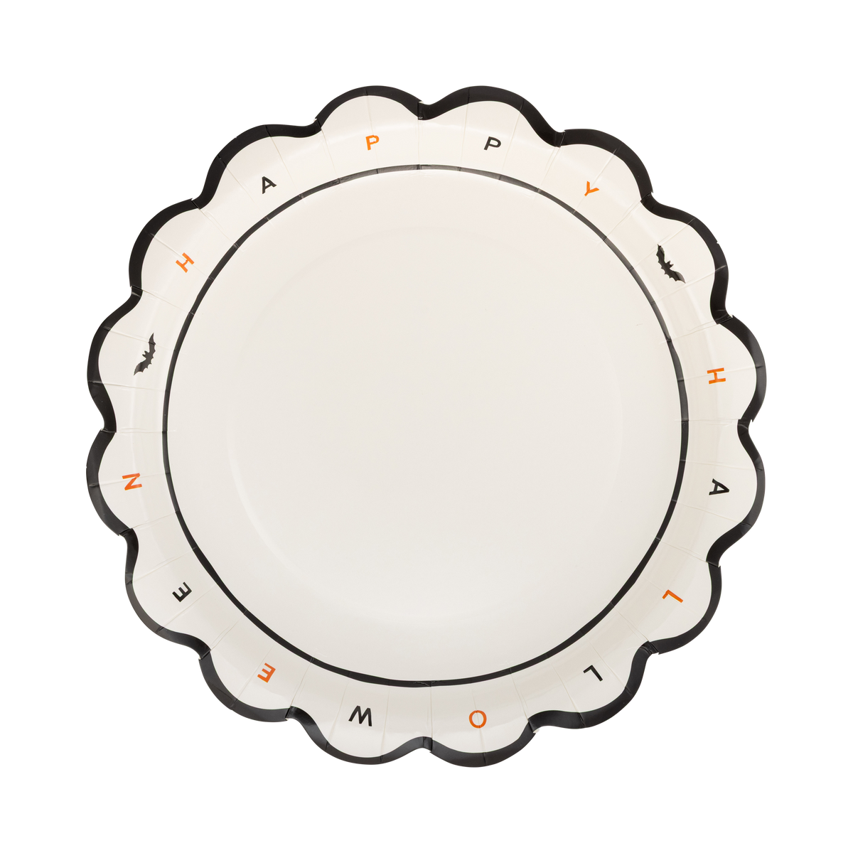 Cream Halloween paper plate with individual "HAPPY HALLOWEEN" letters in black and orange around the rim, tiny bat icons, and a black scalloped edge, overhead flat-lay view.