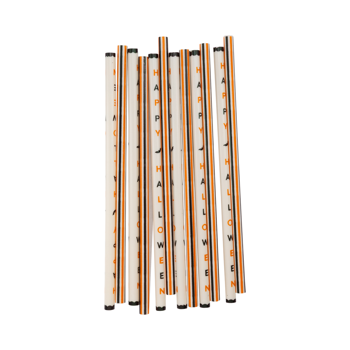 Set of 12 Happy Halloween reusable straws — "HAPPY HALLOWEEN" text and striped designs — on a white background.