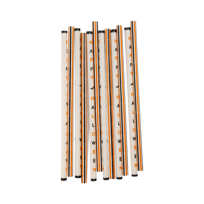 Set of 12 Happy Halloween reusable straws — "HAPPY HALLOWEEN" text and striped designs — on a white background.