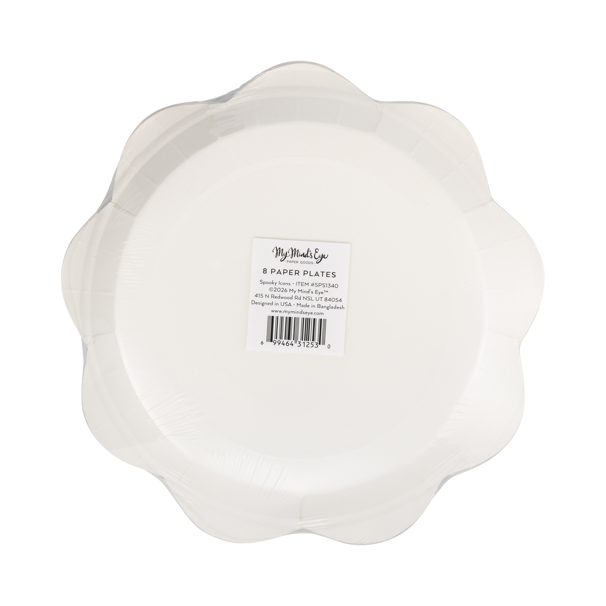  Back of a scalloped plate showing white unprinted paper. Product label reads "My Mind's Eye / 8 Paper Plates / Spooky Icons / ITEM #SPS1340 / ©2026 My Mind's Eye / Designed in USA · Made in Bangladesh."