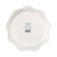  Back of a scalloped plate showing white unprinted paper. Product label reads "My Mind's Eye / 8 Paper Plates / Spooky Icons / ITEM #SPS1340 / ©2026 My Mind's Eye / Designed in USA · Made in Bangladesh."