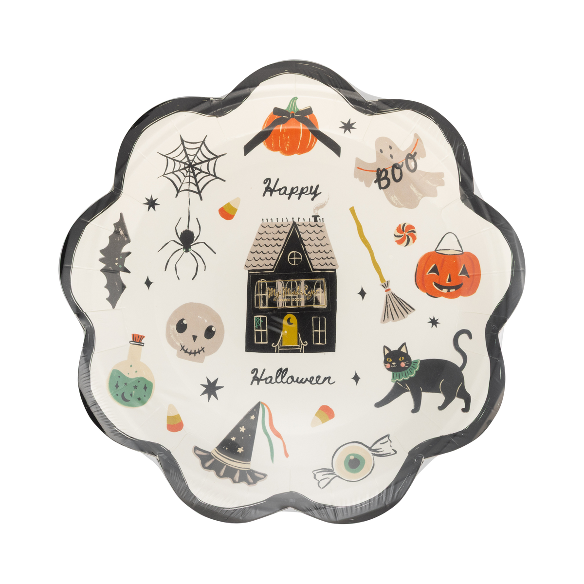 Front of the plate in sealed clear wrap on white background. Full illustration visible through plastic. Black scalloped edge, cream ground, all Halloween icons scattered around a centered haunted house. "Happy" and "Halloween" in black script flanking the house.