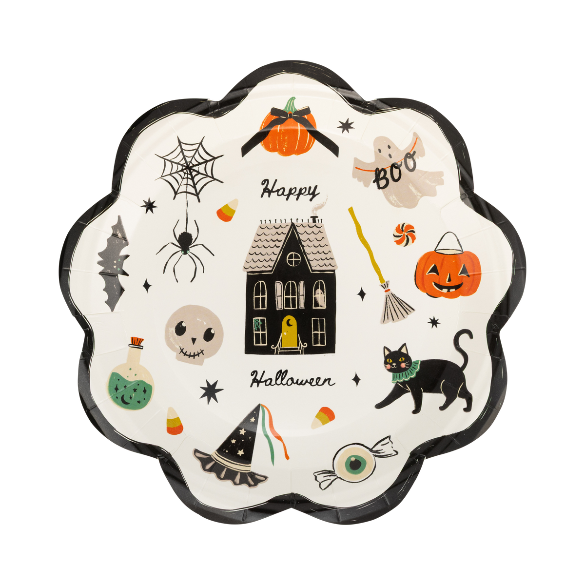 Clean product shot of a single unwrapped scalloped plate on white background. Full illustration detail: cream ground, black scalloped border, haunted house center, all icons clearly visible in a scattered layout. "Happy" in script above house, "Halloween" in script below.