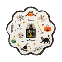 Clean product shot of a single unwrapped scalloped plate on white background. Full illustration detail: cream ground, black scalloped border, haunted house center, all icons clearly visible in a scattered layout. "Happy" in script above house, "Halloween" in script below.
